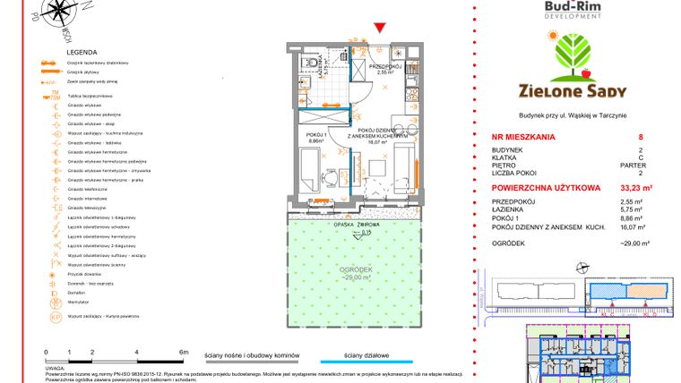 Rzut - Mieszkanie na sprzedaż 2 pokoje o powierzchni 33,23 m² - numer 8 w Zielone Sady etap II