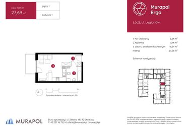 Rzut - Mieszkanie na sprzedaż 1 pokój o powierzchni 27,69 m² - numer 1.B.1.10 w Murapol Ergo