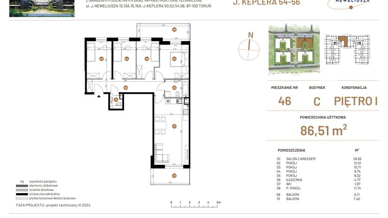 Rzut - Mieszkanie na sprzedaż 5 pokoi o powierzchni 86,51 m² - numer JAR-III-C-LM-M46 w Osiedle JAR Heweliusza etap III