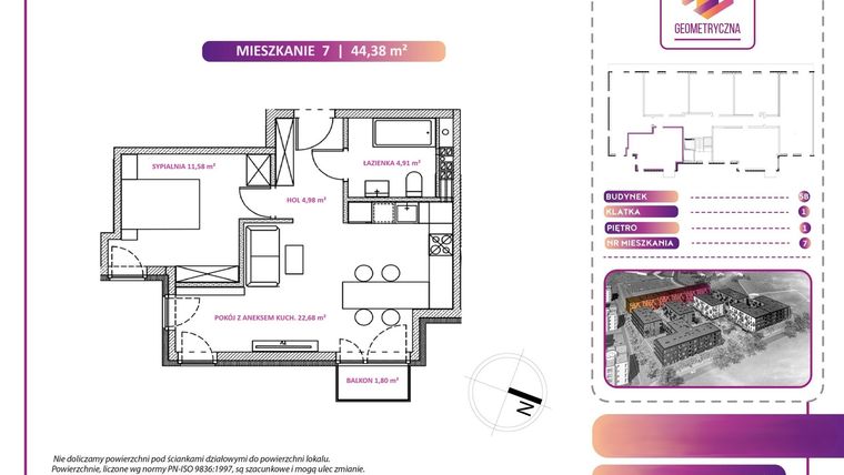 Rzut - Mieszkanie na sprzedaż 2 pokoje o powierzchni 44,38 m² - numer 7B w Geometryczna 5 - etap 3