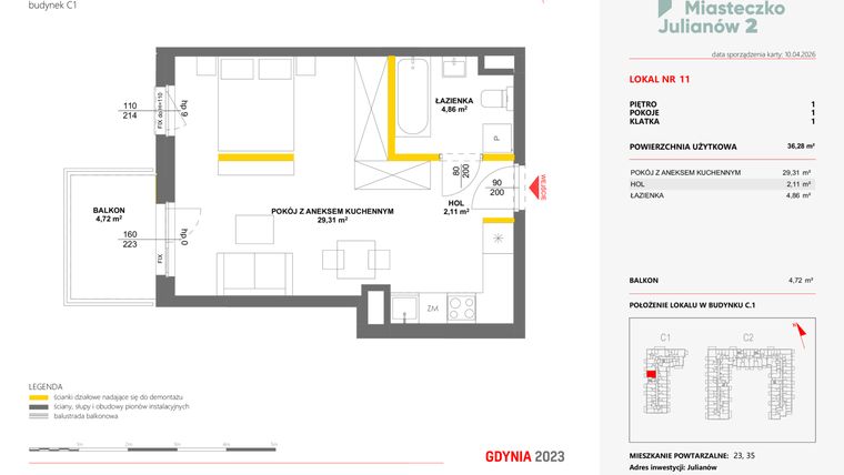 Rzut - Mieszkanie na sprzedaż 1 pokój o powierzchni 36,28 m² - numer 11 w Miasteczko Julianów etap 2