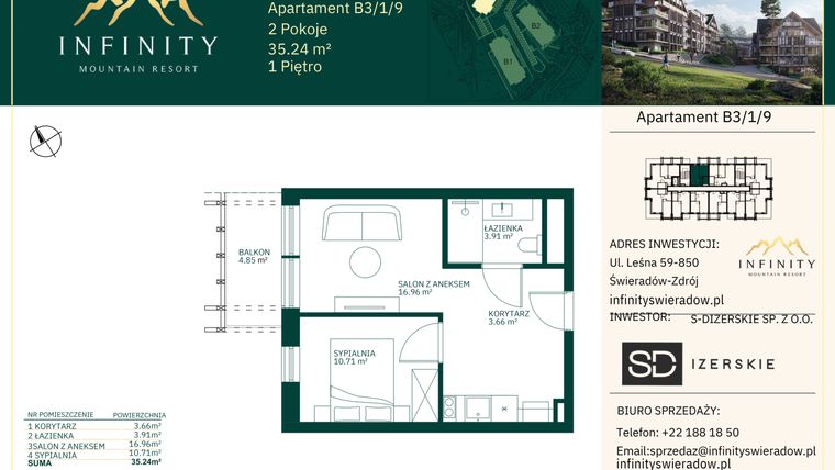 Rzut - Mieszkanie na sprzedaż 2 pokoje o powierzchni 35,24 m² - numer B3.1.9 w Infinity Mountain Resort