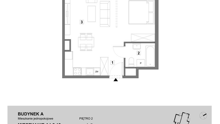 Rzut - Mieszkanie na sprzedaż 1 pokój o powierzchni 43,39 m² - numer A1.2.12 w ATAL Grabiszyn