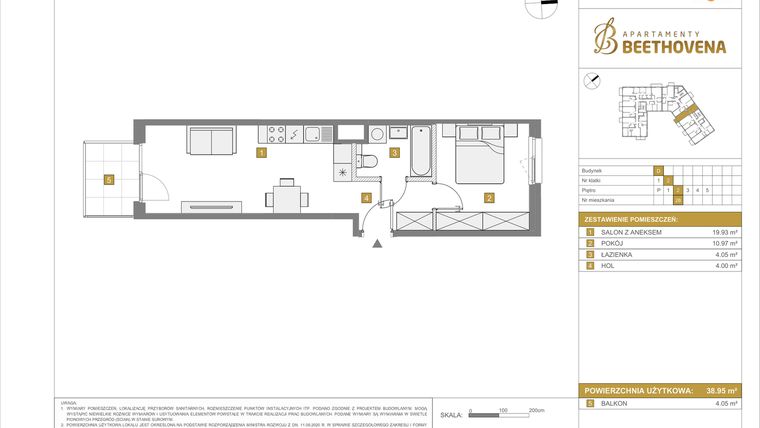 Rzut - Mieszkanie na sprzedaż 2 pokoje o powierzchni 38,95 m² - numer D28 w Apartamenty Beethovena etap 2