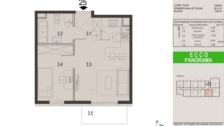 Rzut - Mieszkanie na sprzedaż 2 pokoje o powierzchni 33,31 m² - numer 25C w Ecco Panorama etap II budynki C, D