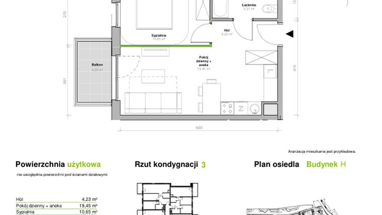Rzut - Mieszkanie na sprzedaż 2 pokoje o powierzchni 38,54 m² - numer H.3.M06 w Przemyska Vita