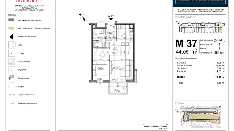 Rzut - Mieszkanie na sprzedaż 2 pokoje o powierzchni 44,05 m² - numer 37 w Nowa Reformacka