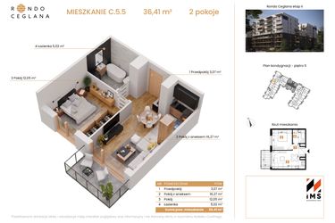 Rzut - Mieszkanie na sprzedaż 2 pokoje o powierzchni 36,32 m² - numer C.5.5 w Rondo Ceglana etap II