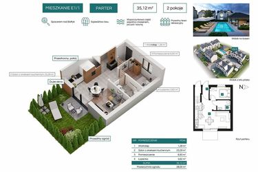 Rzut - Mieszkanie na sprzedaż 2 pokoje o powierzchni 35,12 m² - numer E1/1 w Bałtycka Oaza