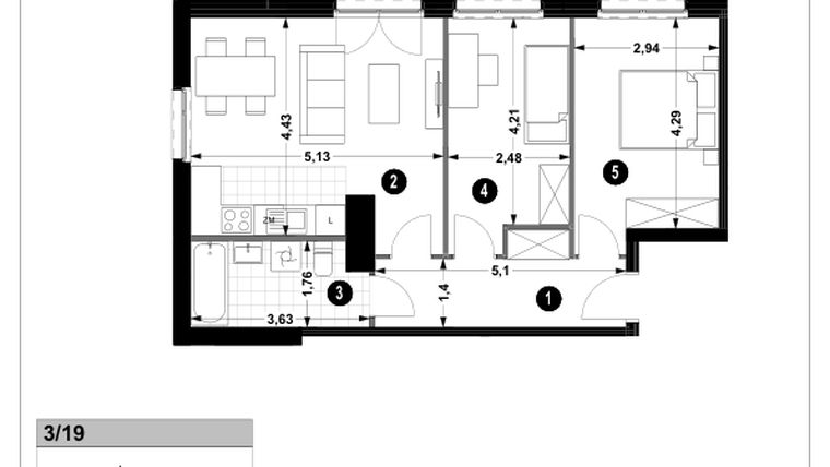Rzut - Mieszkanie na sprzedaż 3 pokoje o powierzchni 61,05 m² - numer 3A.3/19 w Nowa Winnica