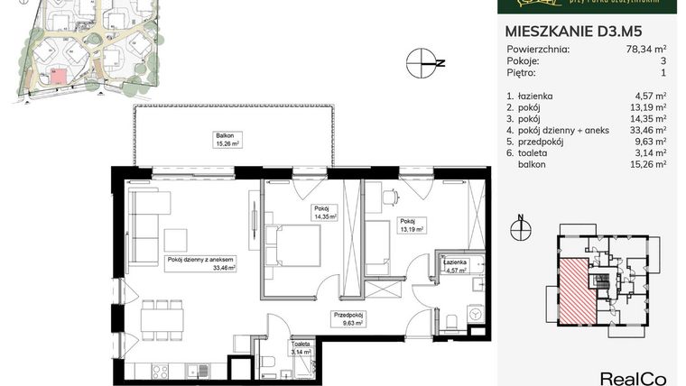 Rzut - Mieszkanie na sprzedaż 3 pokoje o powierzchni 78,34 m² - numer D3.M5 w Apartamenty przy Parku Szczytnickim