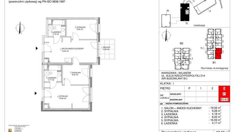 Rzut - Mieszkanie na sprzedaż 4 pokoje o powierzchni 62 m² - numer 21 w RZ21