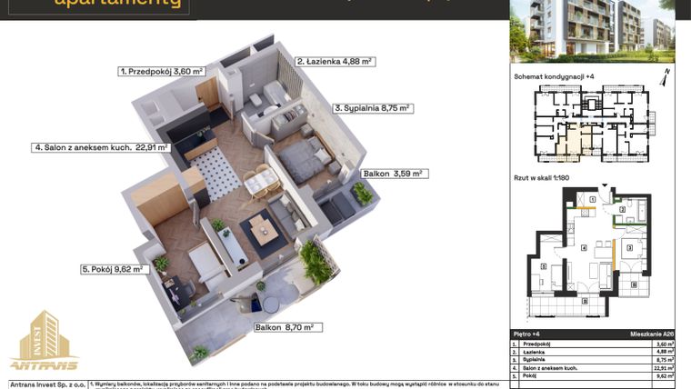 Rzut - Mieszkanie na sprzedaż 3 pokoje o powierzchni 51,4 m² - numer A26 w Osiedle Wełnowe Apartamenty