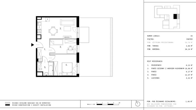 Rzut - Mieszkanie na sprzedaż 3 pokoje o powierzchni 50,76 m² - numer A11.15 w Dzikiej Jabłoni 6A
