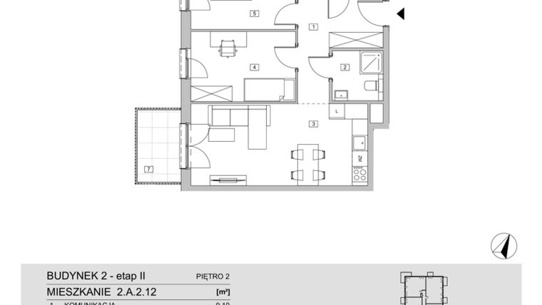Rzut - Mieszkanie na sprzedaż 3 pokoje o powierzchni 64,05 m² - numer 2.A.2.12 w ATAL Apollina II