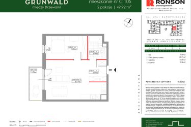 Rzut - Mieszkanie na sprzedaż 2 pokoje o powierzchni 49,92 m² - numer C105 w Grunwald Między Drzewami etap III
