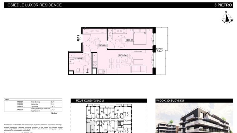 Rzut - Mieszkanie na sprzedaż 2 pokoje o powierzchni 52,5 m² - numer A1.39 w Luxor Residence