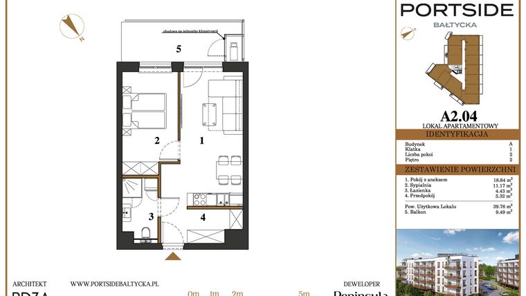 Rzut - Mieszkanie na sprzedaż 2 pokoje o powierzchni 39,76 m² - numer A2.04 w Portside Bałtycka