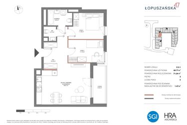 Rzut - Mieszkanie na sprzedaż 3 pokoje o powierzchni 71,24 m² - numer E.3.1 w Łopuszańska 47 - etap 2