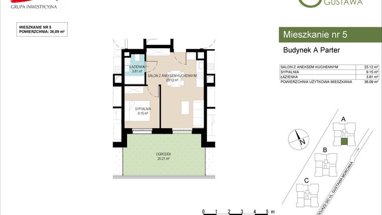 Rzut - Mieszkanie na sprzedaż 2 pokoje o powierzchni 36,09 m² - numer A5 w Wzgórze Gustawa