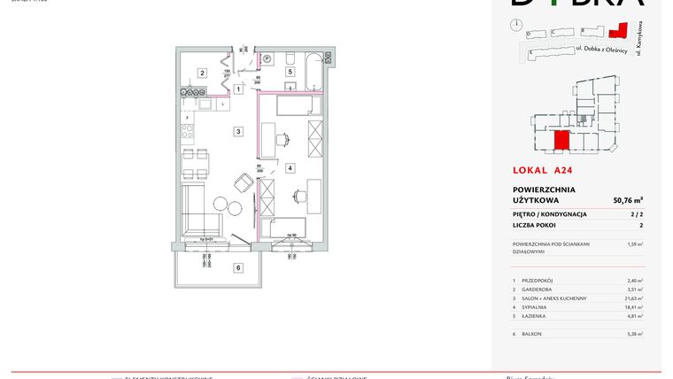 Rzut - Mieszkanie na sprzedaż 2 pokoje o powierzchni 50,76 m² - numer A24 w Dobka