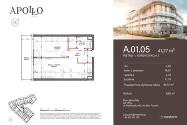 Rzut - Mieszkanie na sprzedaż 2 pokoje o powierzchni 41,27 m² - numer A.1.05 w Apollo Residence