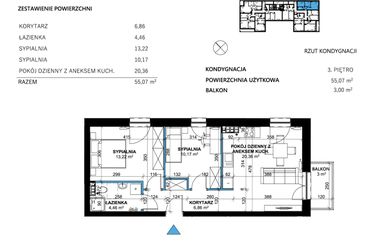 Rzut - Mieszkanie na sprzedaż 3 pokoje o powierzchni 55,07 m² - numer 26 w Comfort Corner