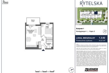 Rzut - Mieszkanie na sprzedaż 2 pokoje o powierzchni 43,57 m² - numer 1.3.02 w Rytelska