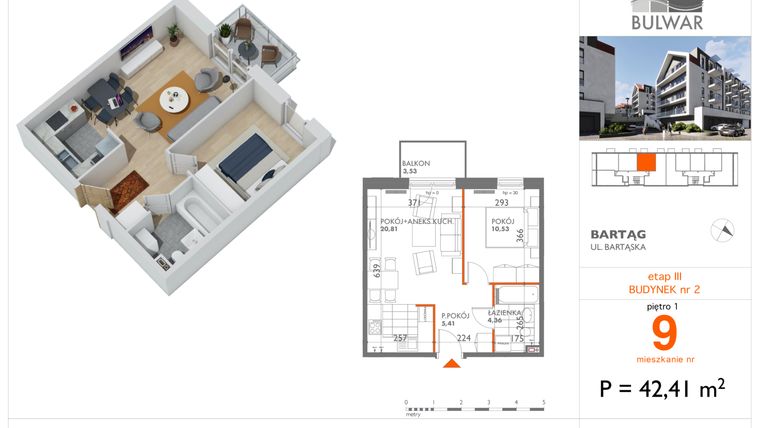 Rzut - Mieszkanie na sprzedaż 2 pokoje o powierzchni 42,41 m² - numer 9 w Bulwar bud. 2