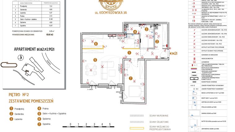 Rzut - Mieszkanie na sprzedaż 2 pokoje o powierzchni 69,16 m² - numer B1.B2.P2.M21 w Faktoria Młyn