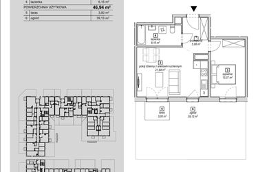 Rzut - Mieszkanie na sprzedaż 2 pokoje o powierzchni 46,94 m² - numer 1E-0-2 w Naramowice Odnova