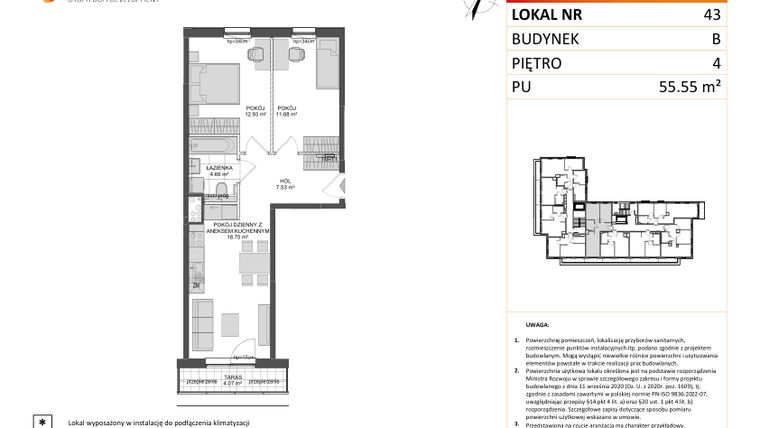 Rzut - Mieszkanie na sprzedaż 3 pokoje o powierzchni 55,55 m² - numer B.43 w Wzgórze Hoplity etap II