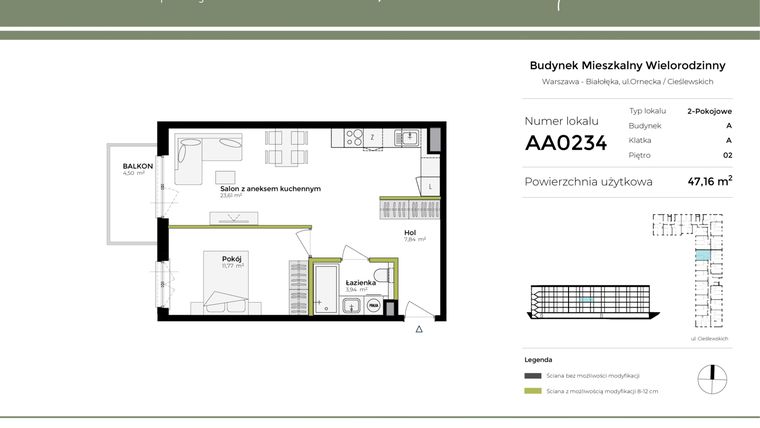 Rzut - Mieszkanie na sprzedaż 2 pokoje o powierzchni 47,16 m² - numer AA0234 w Orneko