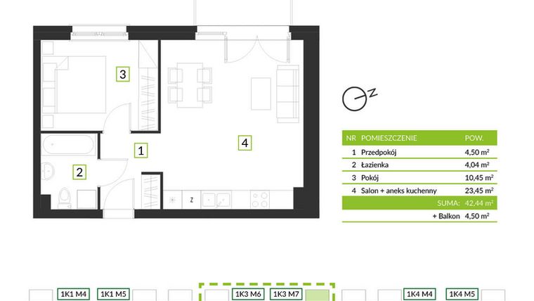 Rzut - Mieszkanie na sprzedaż 2 pokoje o powierzchni 42,44 m² - numer 1K3 M7 w Osiedle Krzeptów przy lesie
