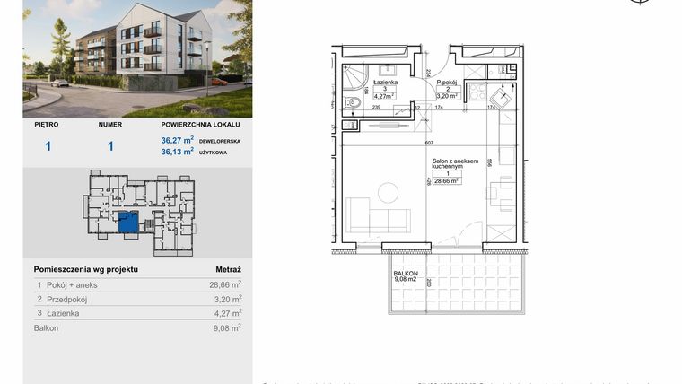 Rzut - Mieszkanie na sprzedaż 1 pokój o powierzchni 36,13 m² - numer 1 w Balantia