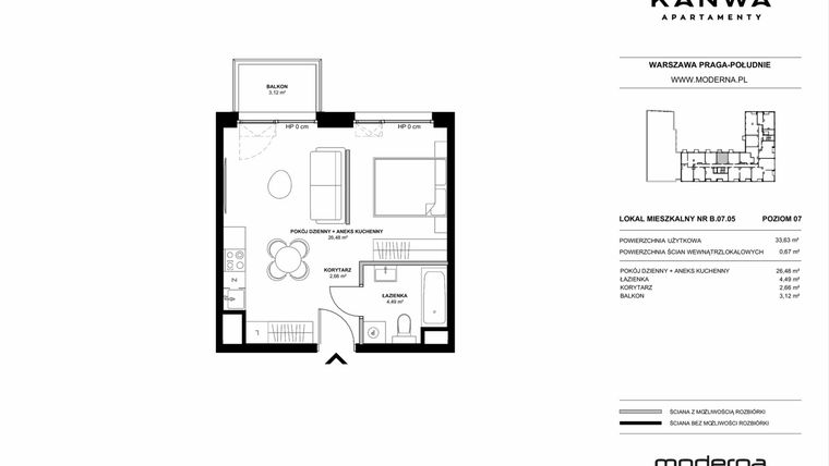Rzut - Mieszkanie na sprzedaż 2 pokoje o powierzchni 33,63 m² - numer B.07.05 w KANWA