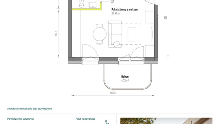 Rzut - Mieszkanie na sprzedaż 1 pokój o powierzchni 28,89 m² - numer A/2/63 w Skorosze Vita