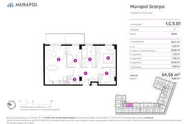 Rzut - Mieszkanie na sprzedaż 4 pokoje o powierzchni 64,56 m² - numer 1.C.5.01 w Murapol Scarpa