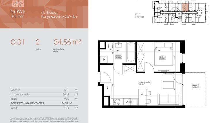 Rzut - Mieszkanie na sprzedaż 2 pokoje o powierzchni 34,56 m² - numer M31_NF.c w Nowe Flisy II