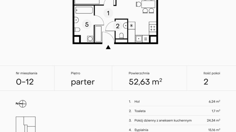 Rzut - Mieszkanie na sprzedaż 2 pokoje o powierzchni 52,63 m² - numer 0-12 w Pączka 1