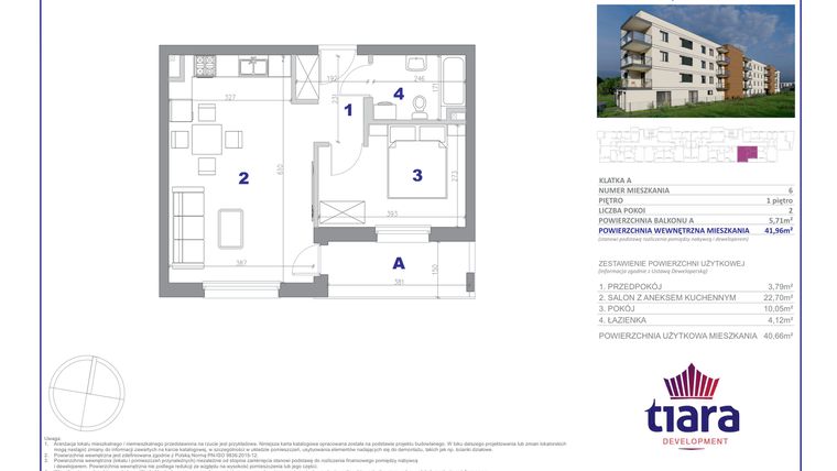 Rzut - Mieszkanie na sprzedaż 2 pokoje o powierzchni 41,96 m² - numer 6 w Osiedle Janowiecka