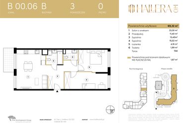 Rzut - Mieszkanie na sprzedaż 3 pokoje o powierzchni 69,32 m² - numer B.00.06 w Hallera 140