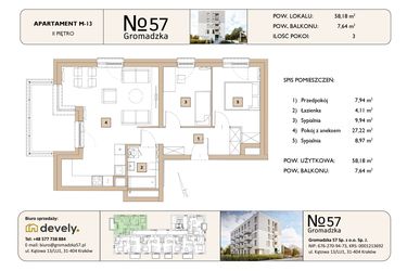 Rzut - Mieszkanie na sprzedaż 3 pokoje o powierzchni 58,18 m² - numer M-13 w Gromadzka 57