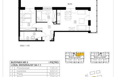 Rzut - Mieszkanie na sprzedaż 3 pokoje o powierzchni 54,4 m² - numer 3A-1.1 w Gardenia Pogodno
