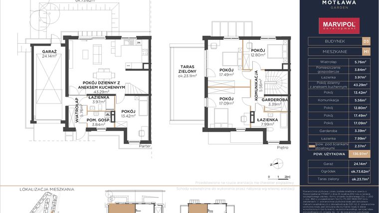 Rzut - Dom na sprzedaż 5 pokoi o powierzchni 138,22 m² - numer D3.M1 w Motława Garden