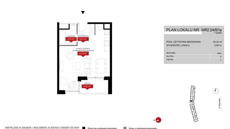 Rzut - Mieszkanie na sprzedaż 1 pokój o powierzchni 33,32 m² - numer WR2 2/4/5/1a w Przystań Reymonta