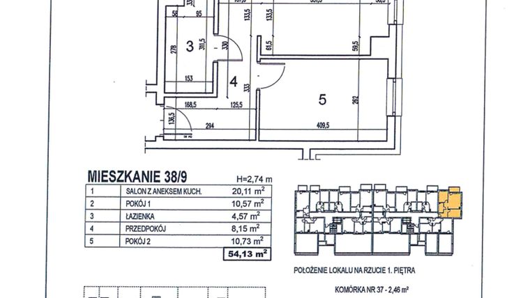 Rzut - Mieszkanie na sprzedaż 3 pokoje o powierzchni 54,13 m² - numer 38/9 w Osiedle Jodłowa bud. D