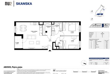 Rzut - Mieszkanie na sprzedaż 3 pokoje o powierzchni 76,02 m² - numer AB0505 w NU2 Warszawa Wola