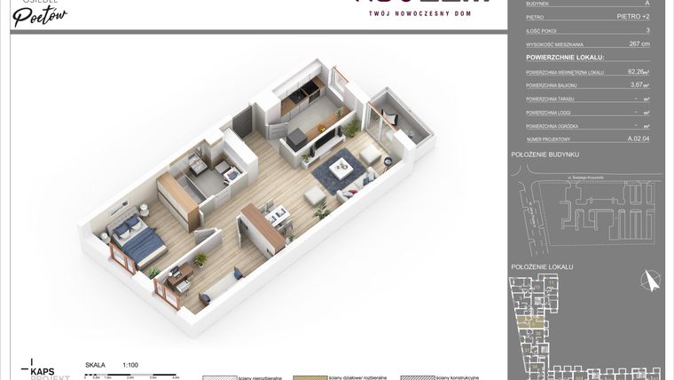 Rzut - Mieszkanie na sprzedaż 3 pokoje o powierzchni 62,26 m² - numer 8 w Osiedle Poetów