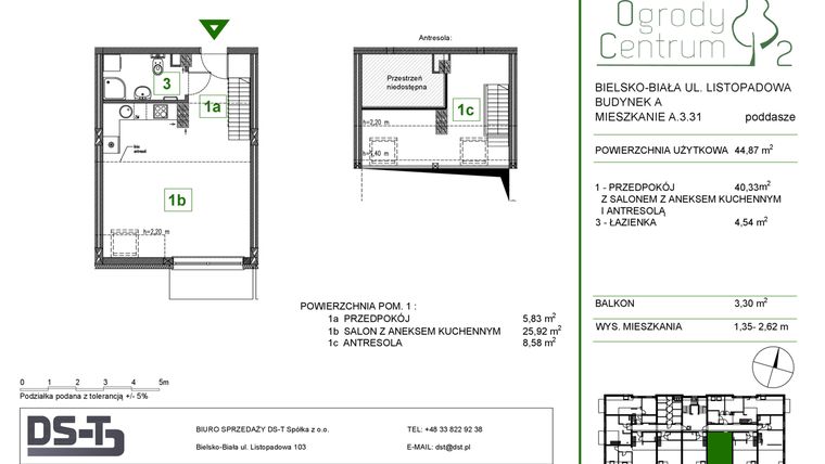 Rzut - Mieszkanie na sprzedaż 1 pokój o powierzchni 44,87 m² - numer A.3.31 w Ogrody Centrum 2